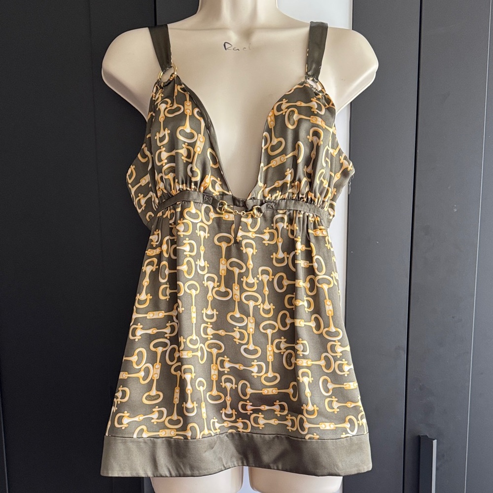 Bebe Olive and Gold Chain Pattern Top 100% Silk